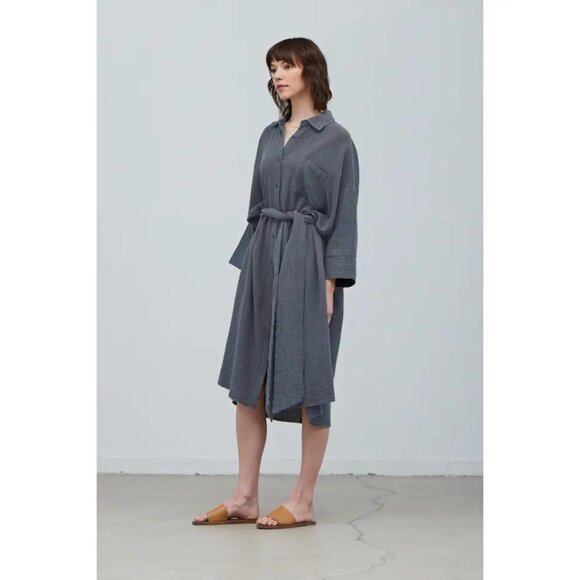 Textured Shirt Dress – Belted Waist, Relaxed Fit, Midi Length - Picture 2 of 3